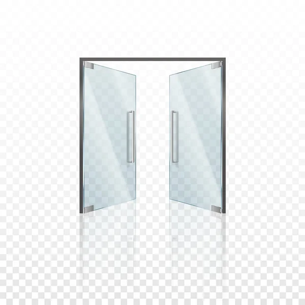 Puerta de cristal realista con asas de metal. Modernas puertas transparentes con marco de acero para el centro comercial — Vector de stock