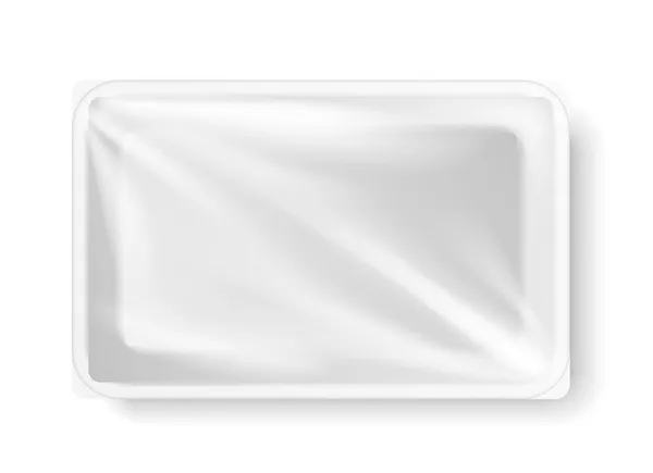 Voedselopslag van piepschuim. Gekookte maaltijd plastic dienblad. Witte schuimcontainer, lege verse doos voor product — Stockvector