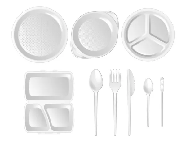 3d realista desechable almuerzo de plástico con partición, placa, cubiertos: cuchara, tenedor, cuchillo — Vector de stock