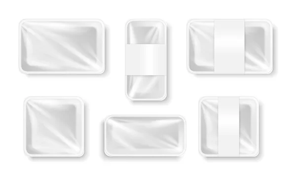 Weißer Plastikbehälter für Nahrungsmittel. Leere verpackte Futterschale isoliert auf weißem Hintergrund — Stockvektor