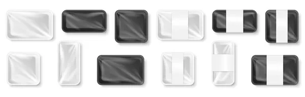 Ensemble de récipients alimentaires en plastique transparent noir et blanc, boîte à plateau de produits avec étiquette — Image vectorielle
