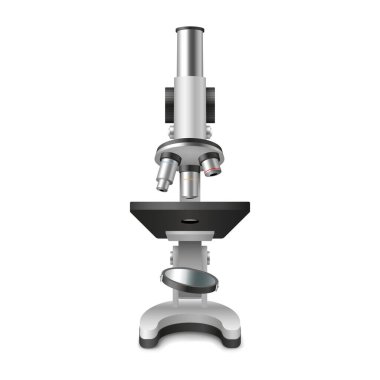 Gerçekçi mikroskop. 3 boyutlu laboratuvar ya da büyütme için laboratuvar aleti. Biyoloji için büyütme ögesi