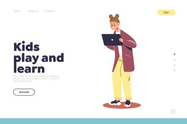 Dijital tablet bilgisayarlı bir kızla iniş sayfası konseptiyle oyna ve öğren