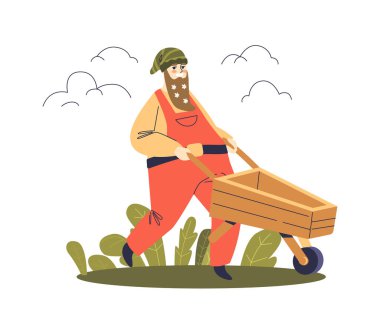 El arabası iten komik bahçe cücesi. Uzun sakallı, şirin çizgi film cücesi şapka takıyor.