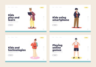 Çocuklu modern cihazlar kullanan çocuklar akıllı telefon, dizüstü bilgisayar, tablet