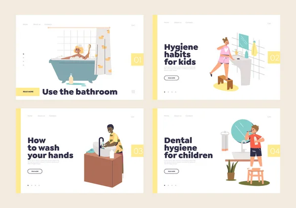 Niños lavándose las manos, bañándose, cepillándose los dientes y en el inodoro conjunto de plantillas de landing pages — Archivo Imágenes Vectoriales