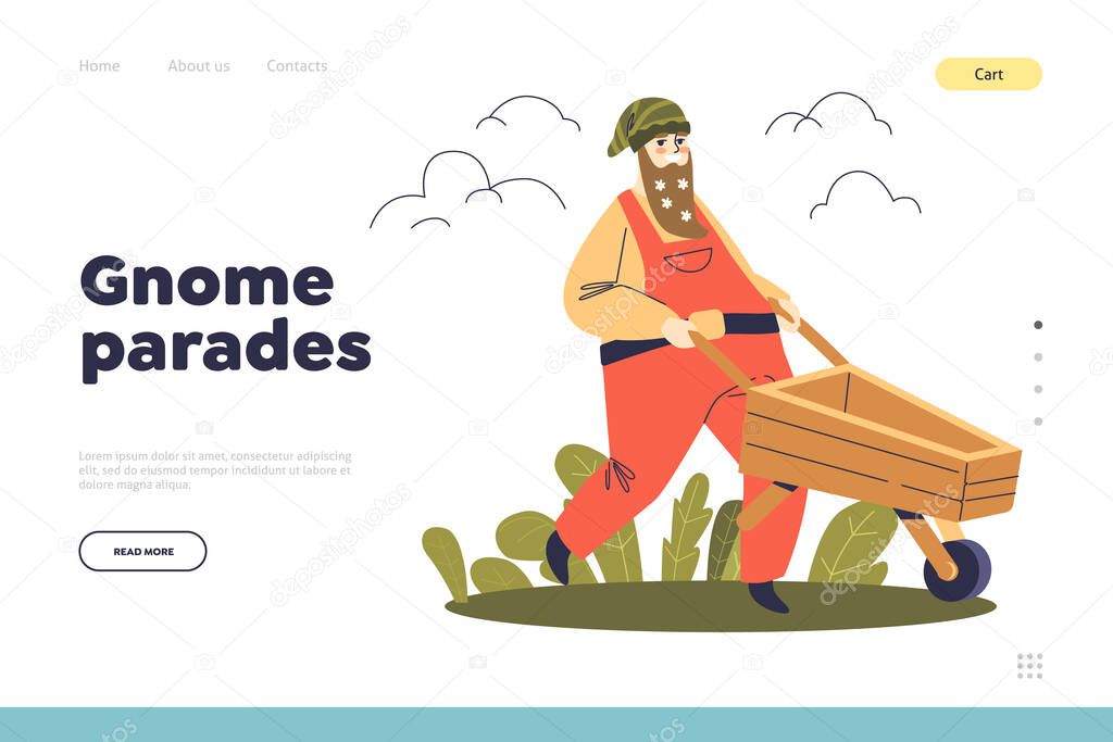 Gnome parades concept of landing page with funny garden dwarf pushing wheelbarrow