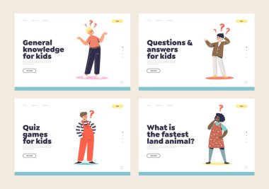 Soru işaretleri olan meraklı çocuklar küçük kız ve oğlanlarla dolu iniş sayfalarının şablonu.