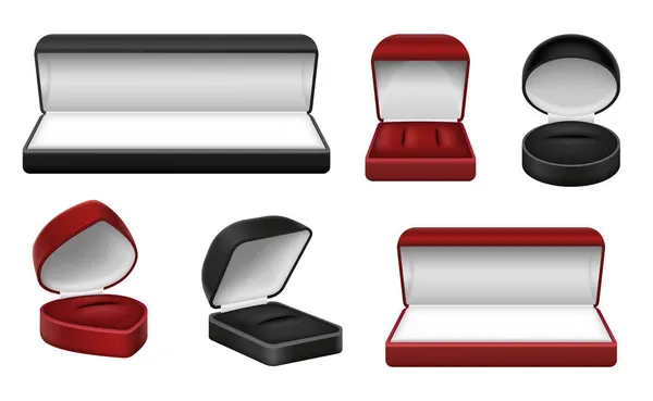 Insamling av tomma plysch presentförpackning för smycken realistisk. Röd och svart sammet paket olika form — Stock vektor