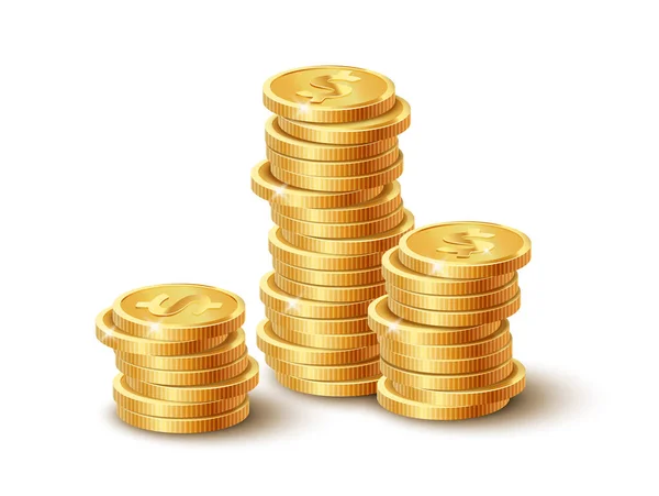 Pilha de moedas de ouro realista isolado no fundo branco. Conjunto de moedas de ouro. Bingo jackpot ou casino — Vetor de Stock