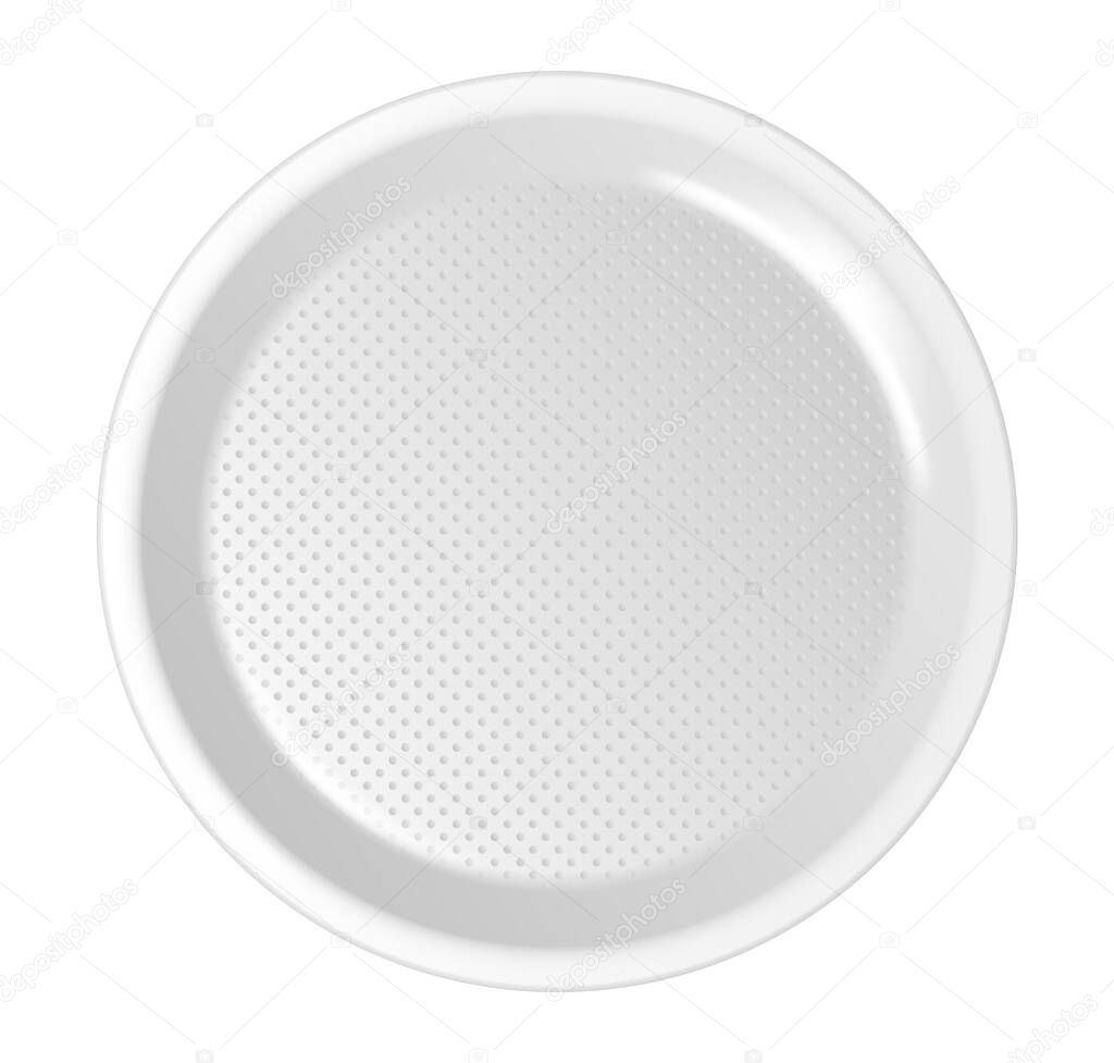 3d plastic plate icon, disposable kitchenware element for catering and serving. Paper tableware platter realistic template. Vector illustration