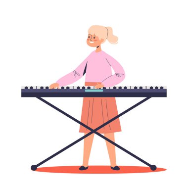 Sentezleyici oynayan tatlı kız. Küçük çocuk elektrikli piyano enstrümanında klasik müzik çalıyor.