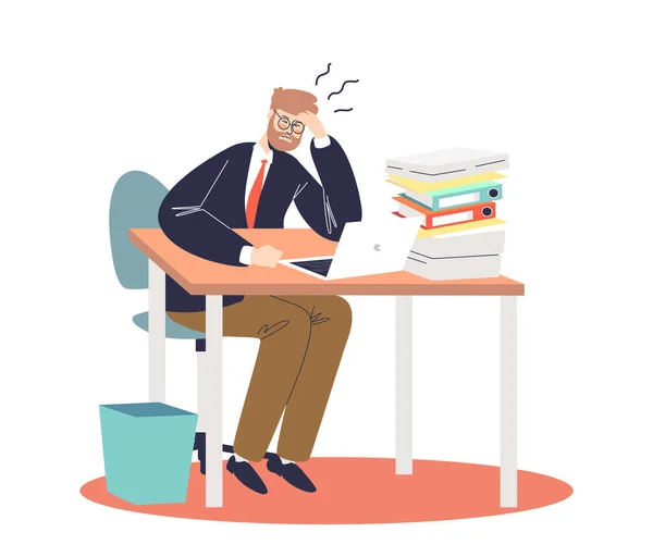 Empresário frustrado sobrecarregado com documentos de papelada e trabalho em laptop sentado estressado — Vetor de Stock