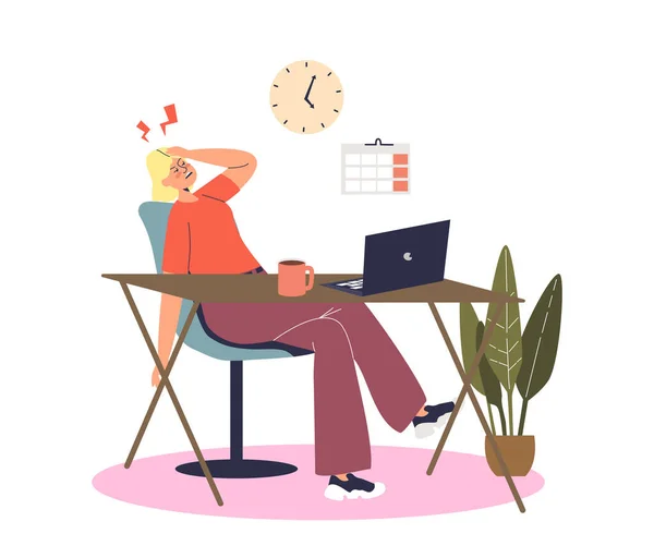 Жіночий працівник відчуває сердитий, стресовий і розчарований роботою на ноутбуці в офісі — стоковий вектор