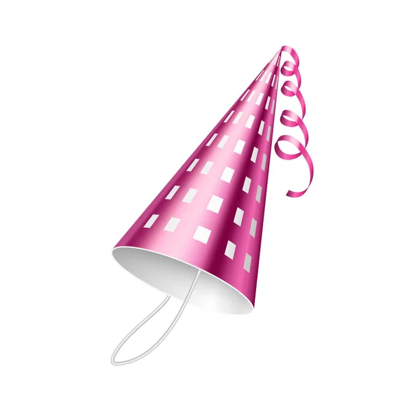 Sombrero de fiesta aislado o cono rosa decorado con cinta. 3d realista accesorio de vestuario cónico — Vector de stock