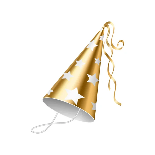 Sombrero de fiesta realista dorado con estrellas de plata y cinta dorada. 3d headwear para la celebración festiva — Vector de stock