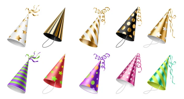 Conjunto de sombrero de fiesta colorido realista. Cone headwear para la celebración con puntos, rayas y cintas — Vector de stock
