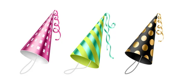 Sombreros de fiesta, gorras coloridas de cumpleaños con rayas y patrón de puntos, conos de cartón para el año nuevo — Vector de stock