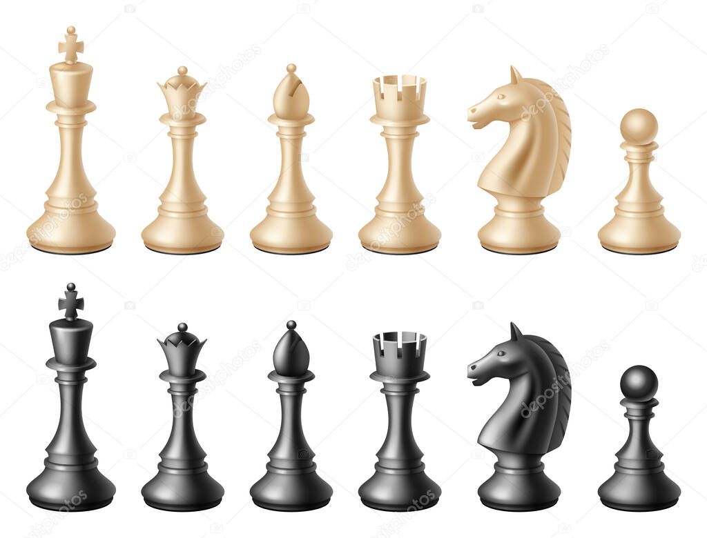 Realistic chess pieces set. 3d king, queen bishop and pawn horse rook. Black and white chess figures