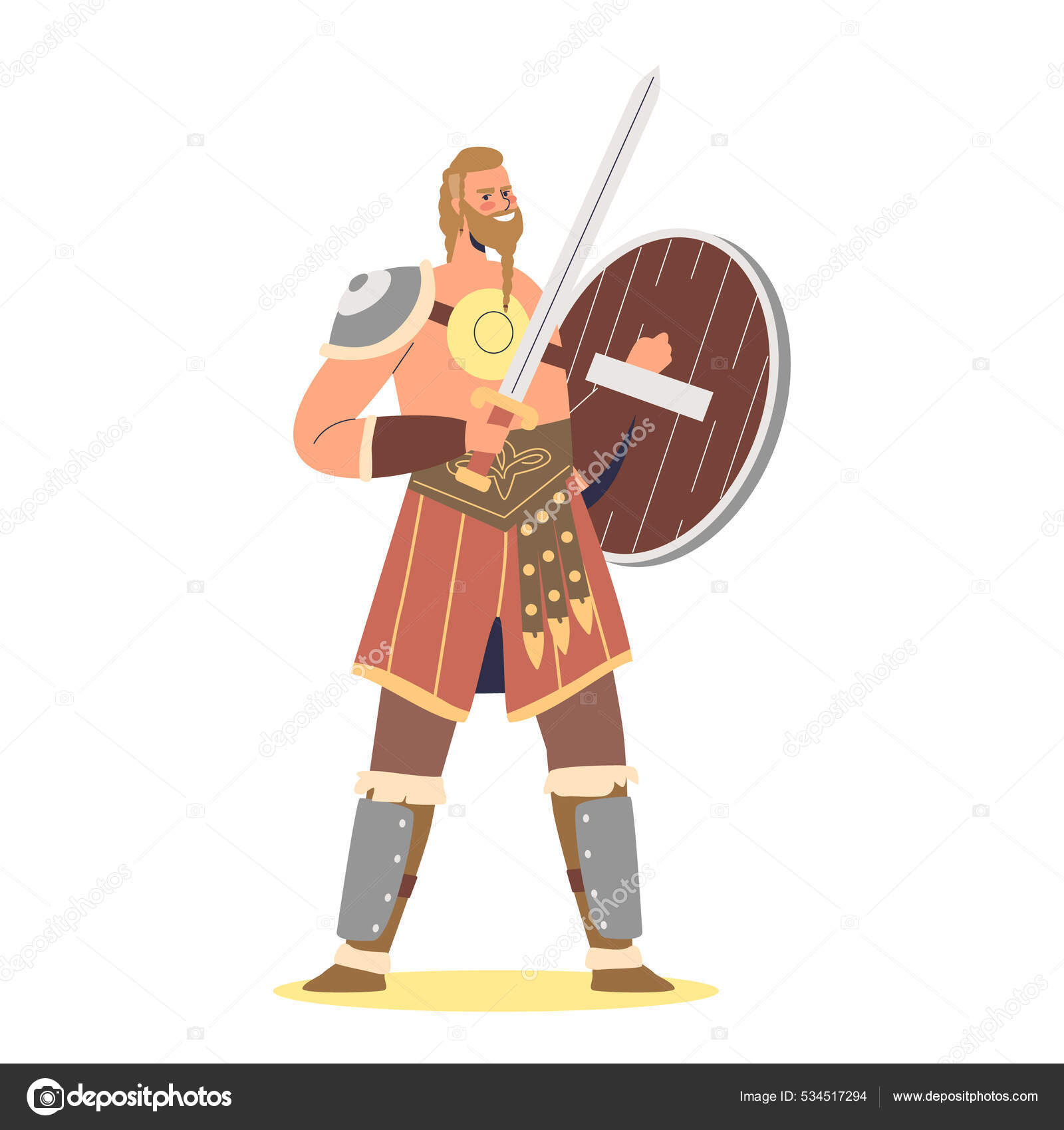 バーバリアンのバイキング戦士は剣と盾を持っている。北欧中世の伝統的な武器を持つ男 ストックベクター ©zuperia 534517294, image size:1600x1700