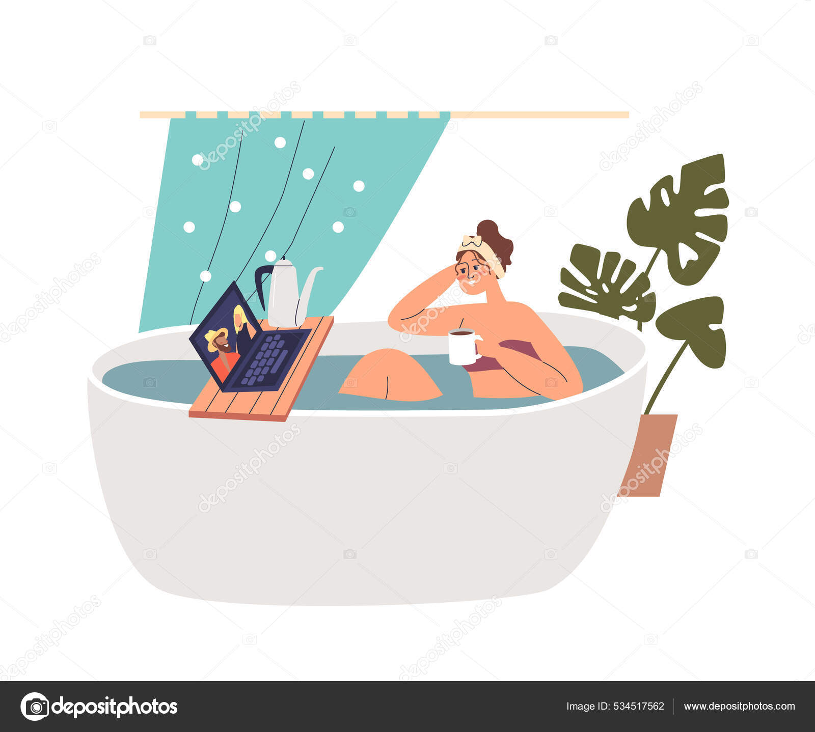 Young girl take bath watching video or movie on laptop drinking hot tea or  cocoa Stock Vector by ©zuperia 534517562