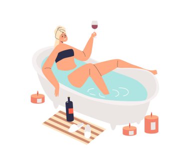 Banyo yapan ve şarap içen kadın. Saçında havlu olan genç kız banyoda rahatla ve sıcak suyun tadını çıkar.