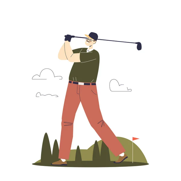Giocatore di sesso maschile allenamento giocare a golf con club e palla al campo di corso con vetro verde — Vettoriale Stock