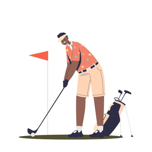 Joueur de golf masculin frappant la balle avec le club de golf pour drapeau et trou sur le terrain vert jouant au jeu de sport — Image vectorielle