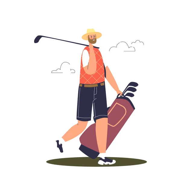 Equipamento para golfe profissional: homem trabalhador do campo de golfe transportar pacote de clubes para o jogo —  Vetores de Stock