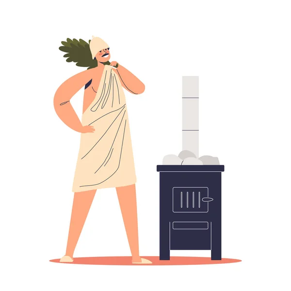 Hombre con sombrero y toalla sostienen escoba de abedul preparándose para la recreación en sauna o banya — Vector de stock