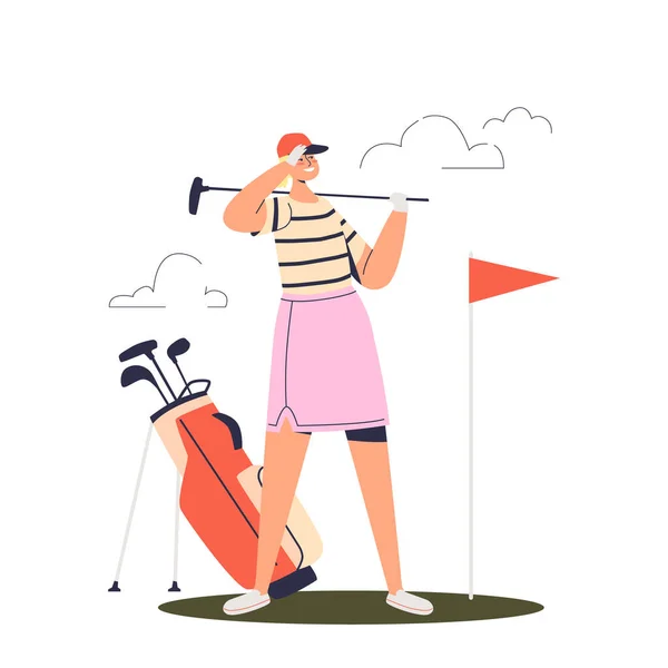 Jovem jogava golfe. Jogadora profissional segurar clube de golfe olhando para bola buraco bandeira no curso —  Vetores de Stock