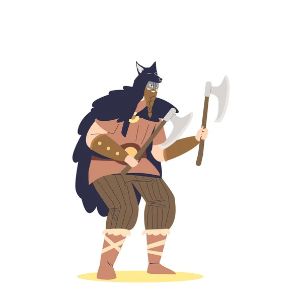 Guerrero vikingo sosteniendo hachas vestidas con ropa medieval. Hombre personaje de la mitología escandinava — Vector de stock