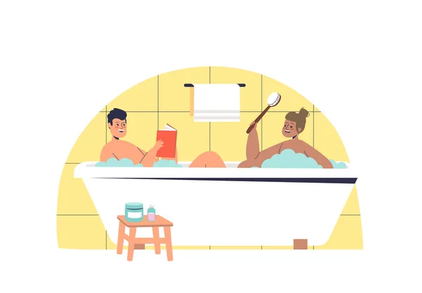 Mężczyzna i kobieta kąpią się razem leżąc w wannie z pianką i ciepłą wodą — Wektor stockowy