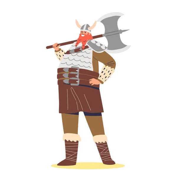 Hombre vikingo. Guerrero escandinavo sosteniendo hacha y usando ropa protectora — Vector de stock
