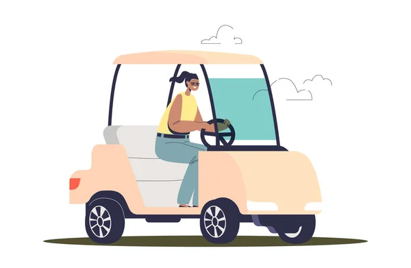 電動ゴルフ車を運転する女性。車の中でゴルフスポーツゲームの女性選手。野外活動 — ストックベクタ
