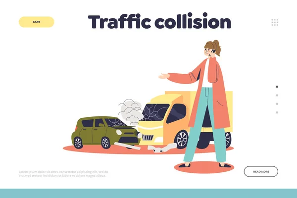 Trafikkollisionskoncept för landningssida med kvinnlig bilförare i olycka på stadsgatan — Stock vektor
