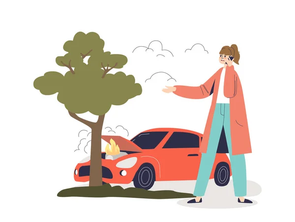 Car crashed into tree and female driver calling to insurance service. Woman vehicle owner — Stock Illustration Car crashed into tree and female driver calling to insurance service. Woman vehicle owner Royalty Free Stock Illustrations