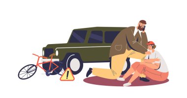 Bisikletli bir araba kazası. Sürücü yaralı ve kaza bisikletçisini kontrol ediyor.