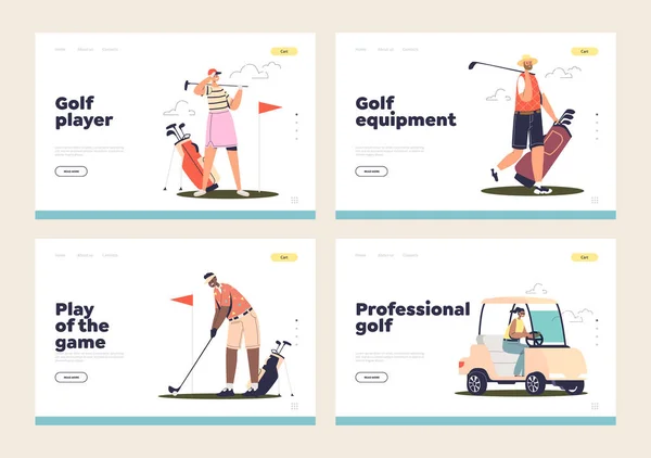Golf professionnel et concept d'équipement de pages de débarquement réglées avec des personnes golfeurs jouant au golf — Image vectorielle