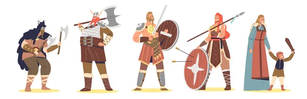 Conjunto de personajes de dibujos animados vikingos guerreros masculinos y femeninos con arma, familia con niño — Vector de stock