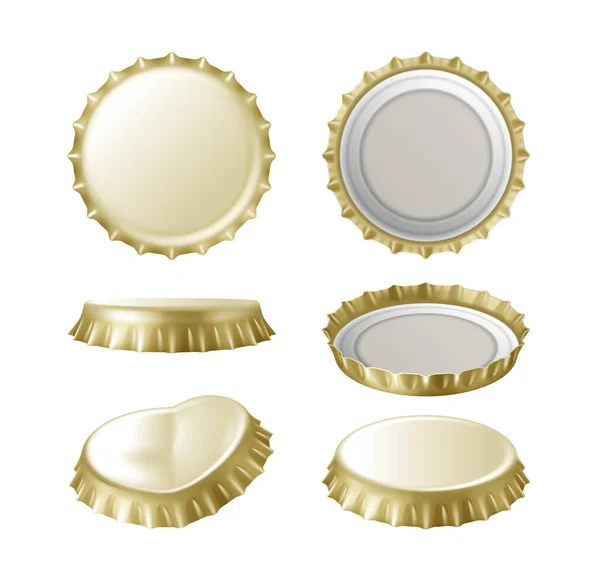 Set van realistische gouden kroonkurken op witte achtergrond. Metalen deksel van bier of limonade — Stockvector