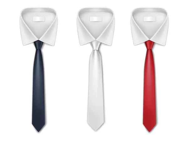 Set of silk neckties. Classic long red, white and black ties. Realistic cravats on shirt collar — Stock Vector