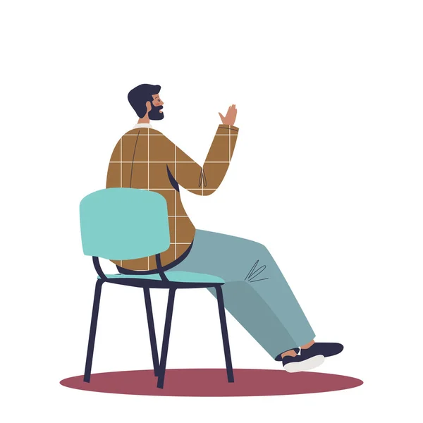 Hombre levantando la mano mientras escucha cursos de formación de desarrollo o conferencia sentarse en la silla, vista posterior — Vector de stock