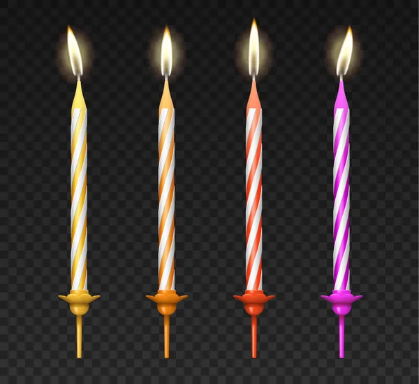 Velas de pastel de cumpleaños con llamas ardientes. Luces decorativas de vacaciones para fiesta sorpresa — Vector de stock