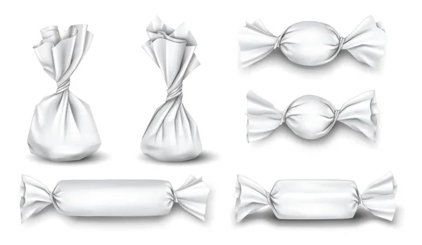 キャンディパッケージ現実的なセット。ブランドデザインのための甘い食品包装空白の白いモックアップ — ストックベクタ