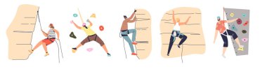 Bir grup dağcı sporcu. Erkekler ve kadınlar spor salonundaki kaya, duvar ya da macera parkına tırmanıyor.