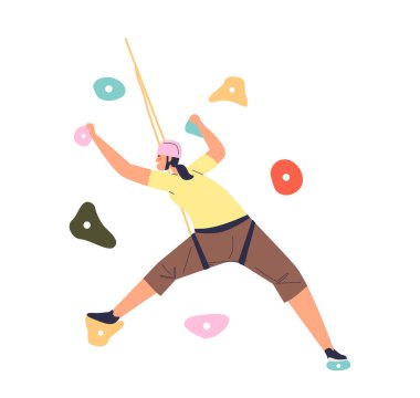 Kadın tırmanma tutamaklarıyla duvara tırmanıyor. Dişi sporcu kaya tırmanışı yapıyor.