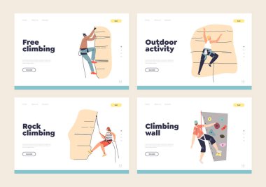 Dağcı sporcularla dolu bir iniş sayfası. Erkekler ve kadınlar dağa tırmanıyor, kaya, duvar