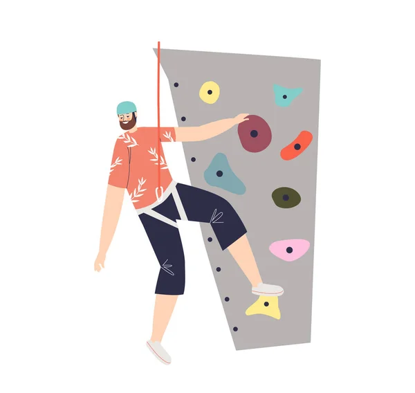 Man klättrar sten eller vägg i gym eller äventyrspark. Manlig klättrare hängande med skyddande rep — Stock vektor