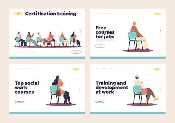 Courses for job certification and training at work landing pages set with people listen to lecture — Stock Vector